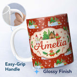 Personalized Custom Name Cute Snowman Winter Village Candy Cane Seamless Pattern Lovely 11oz Ceramic Coffee Tea Mug White Large Handle