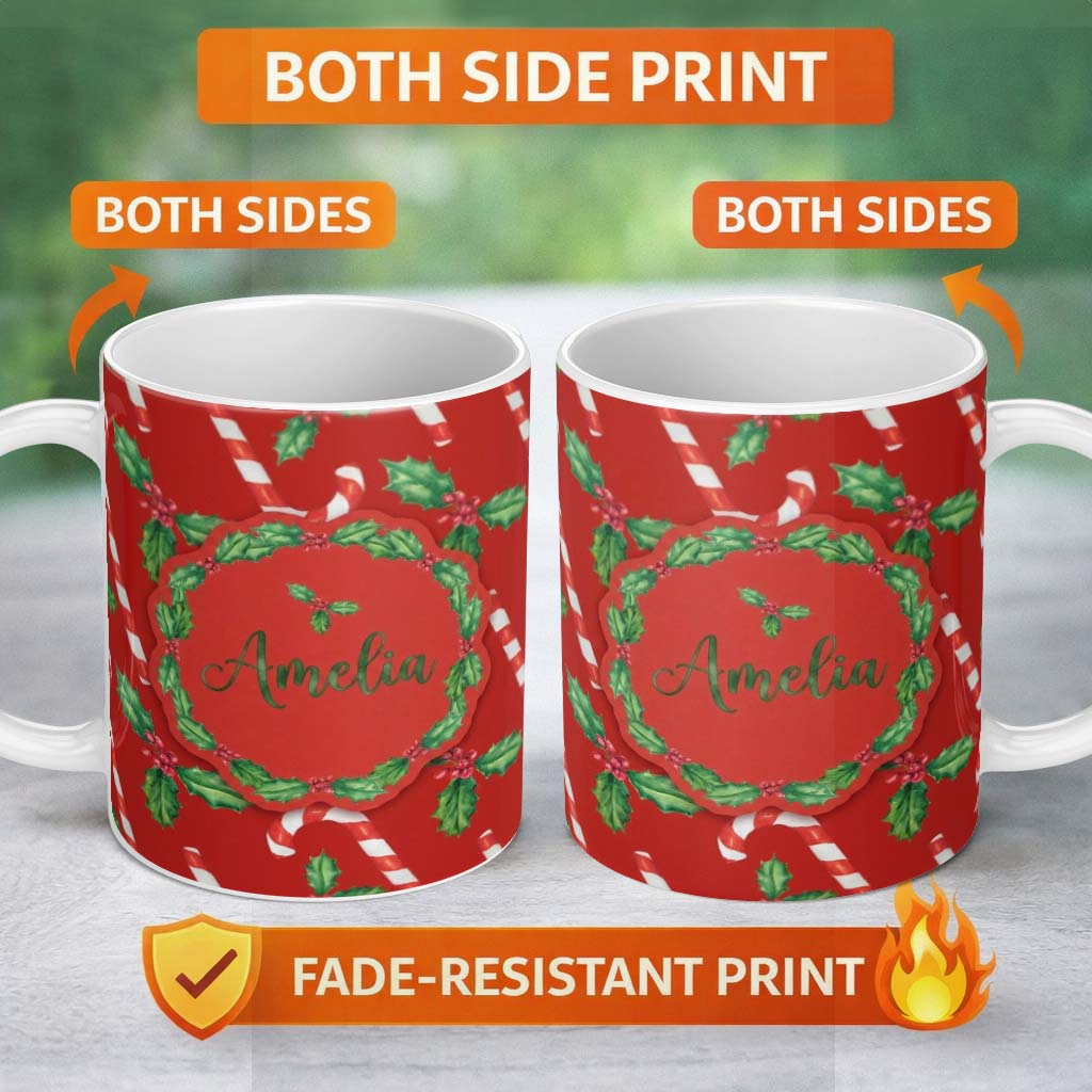 Personalized Custom Name Festive Candy Cane Holly Berry Red Background Seamless Pattern 11oz Ceramic Coffee Tea Mug White Large Handle