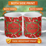 Personalized Custom Name Festive Candy Cane Holly Berry Red Background Seamless Pattern 11oz Ceramic Coffee Tea Mug White Large Handle