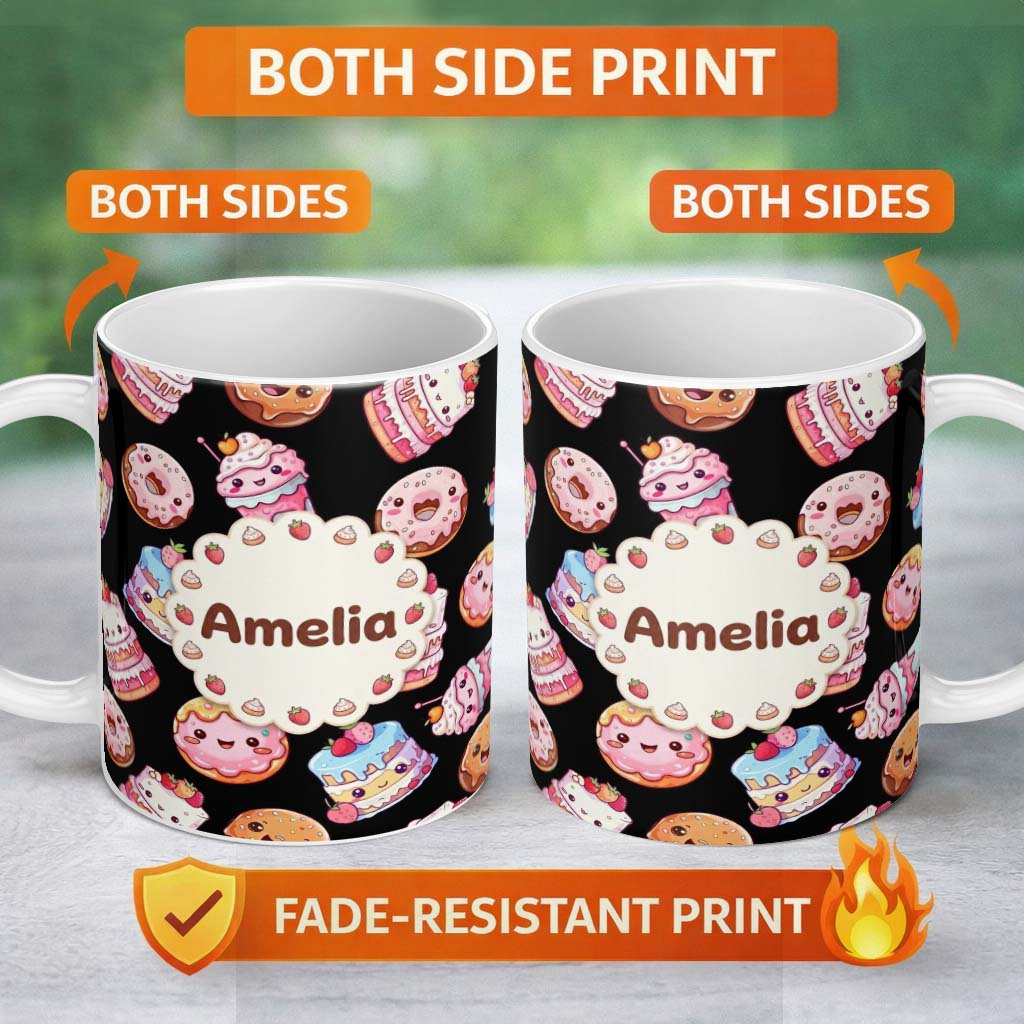 Personalized Custom Name Cute Kawaii Donuts Cakes and Cupcakes with Smiling Faces Seamless 11oz Ceramic Coffee Tea Mug White Large Handle