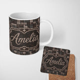 Personalized Custom Name Stone Block Mosaic Neutral Texture Seamless Pattern Cute Unique Gift 11oz Ceramic Coffee Tea Mug White Large Handle