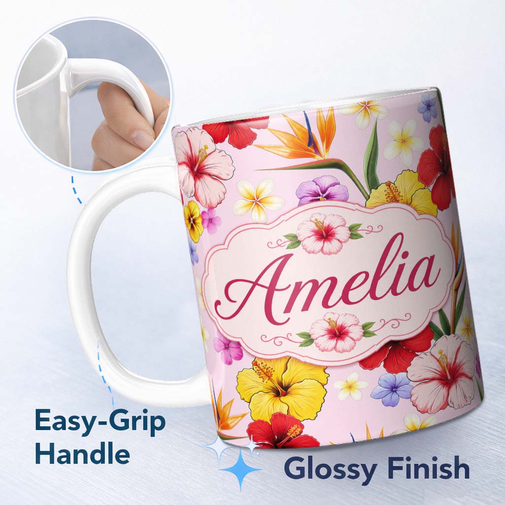 Personalized Custom Name Tropical Hibiscus Bird of Paradise Seamless Pattern Pink Background 11oz Ceramic Coffee Tea Mug White Large Handle
