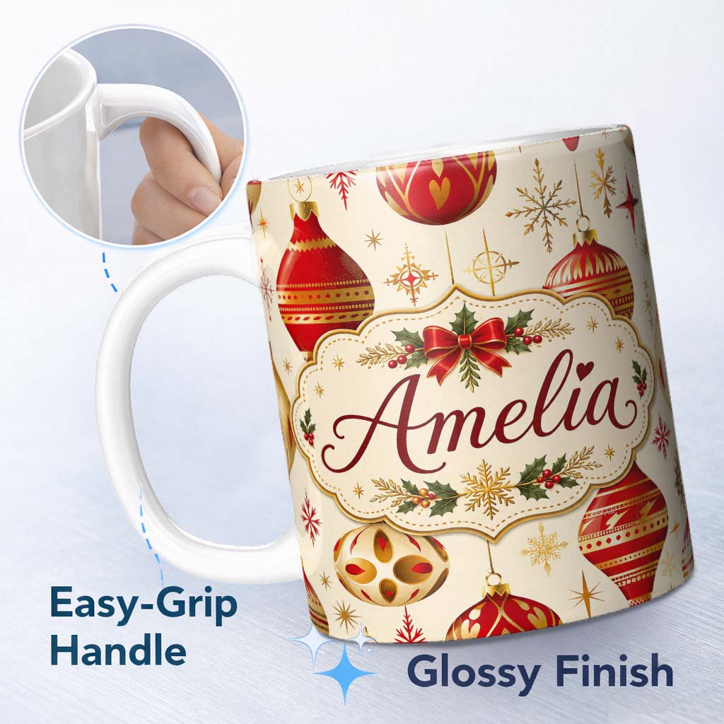 Personalized Custom Name Luxury Red and Gold Christmas Baubles Snowflakes and Star Elements 11oz Ceramic Coffee Tea Mug White Large Handle