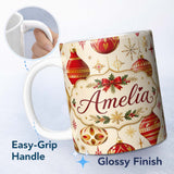 Personalized Custom Name Luxury Red and Gold Christmas Baubles Snowflakes and Star Elements 11oz Ceramic Coffee Tea Mug White Large Handle