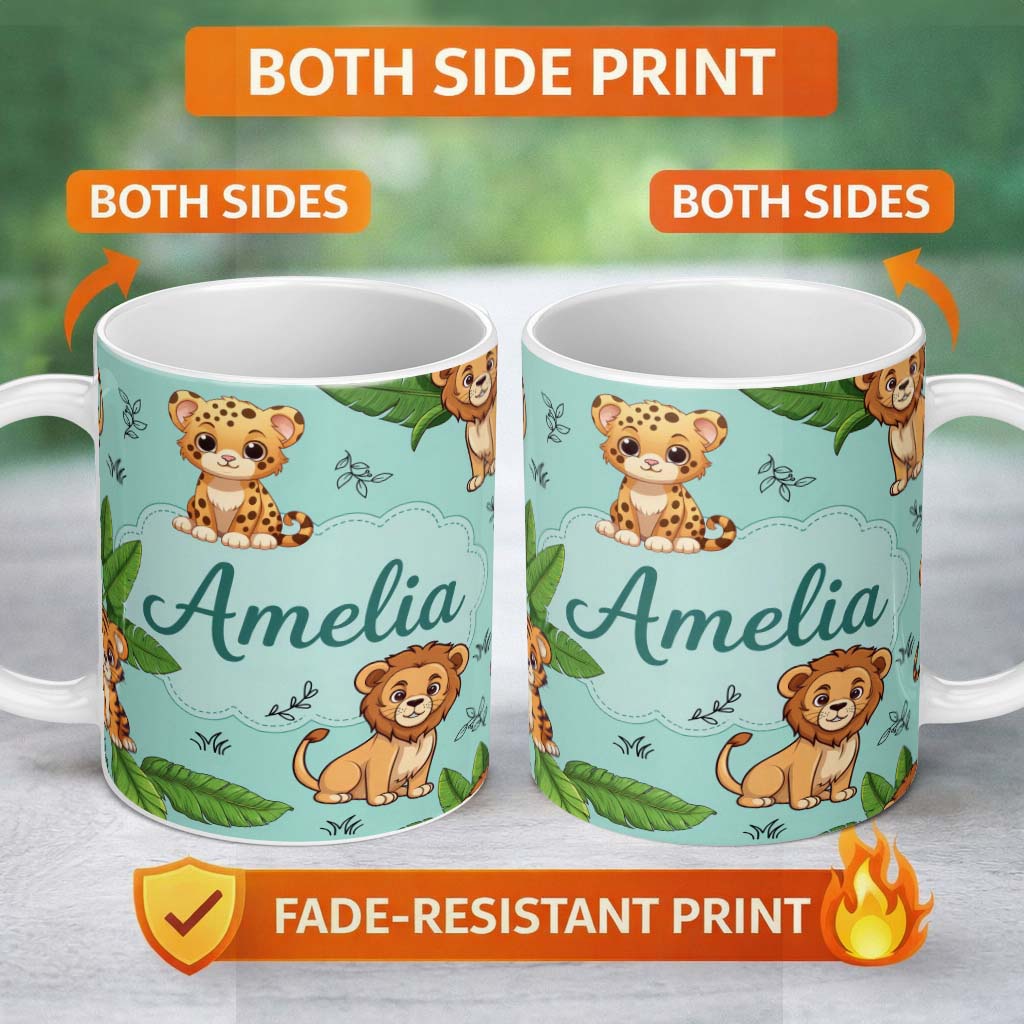 Personalized Custom Name Cute Jungle Animals Lion Tiger Leopard Teal Background Tropical 11oz Ceramic Coffee Tea Mug White Large Handle