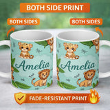 Personalized Custom Name Cute Jungle Animals Lion Tiger Leopard Teal Background Tropical 11oz Ceramic Coffee Tea Mug White Large Handle