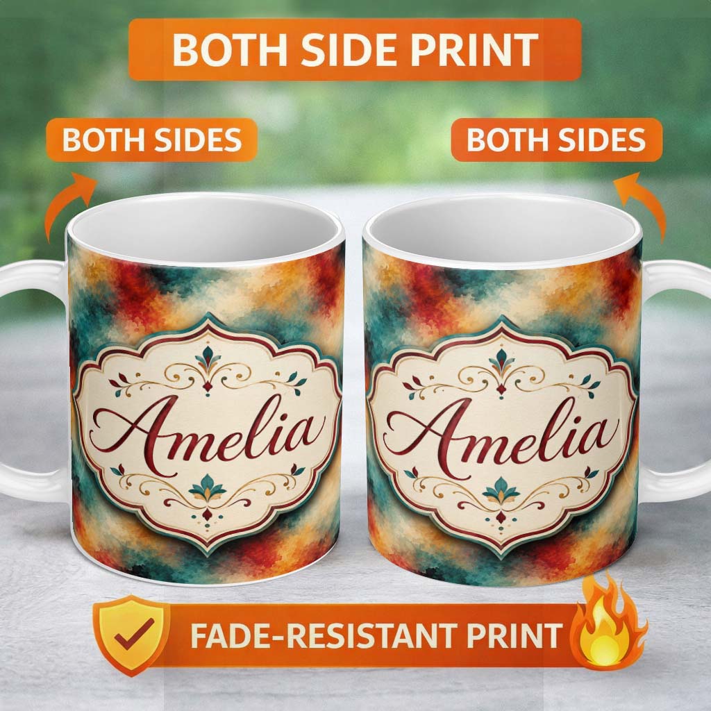 Personalized Custom Name Abstract Watercolour Burst in Teal Orange and Red Seamless Pattern 11oz Ceramic Coffee Tea Mug White Large Handle