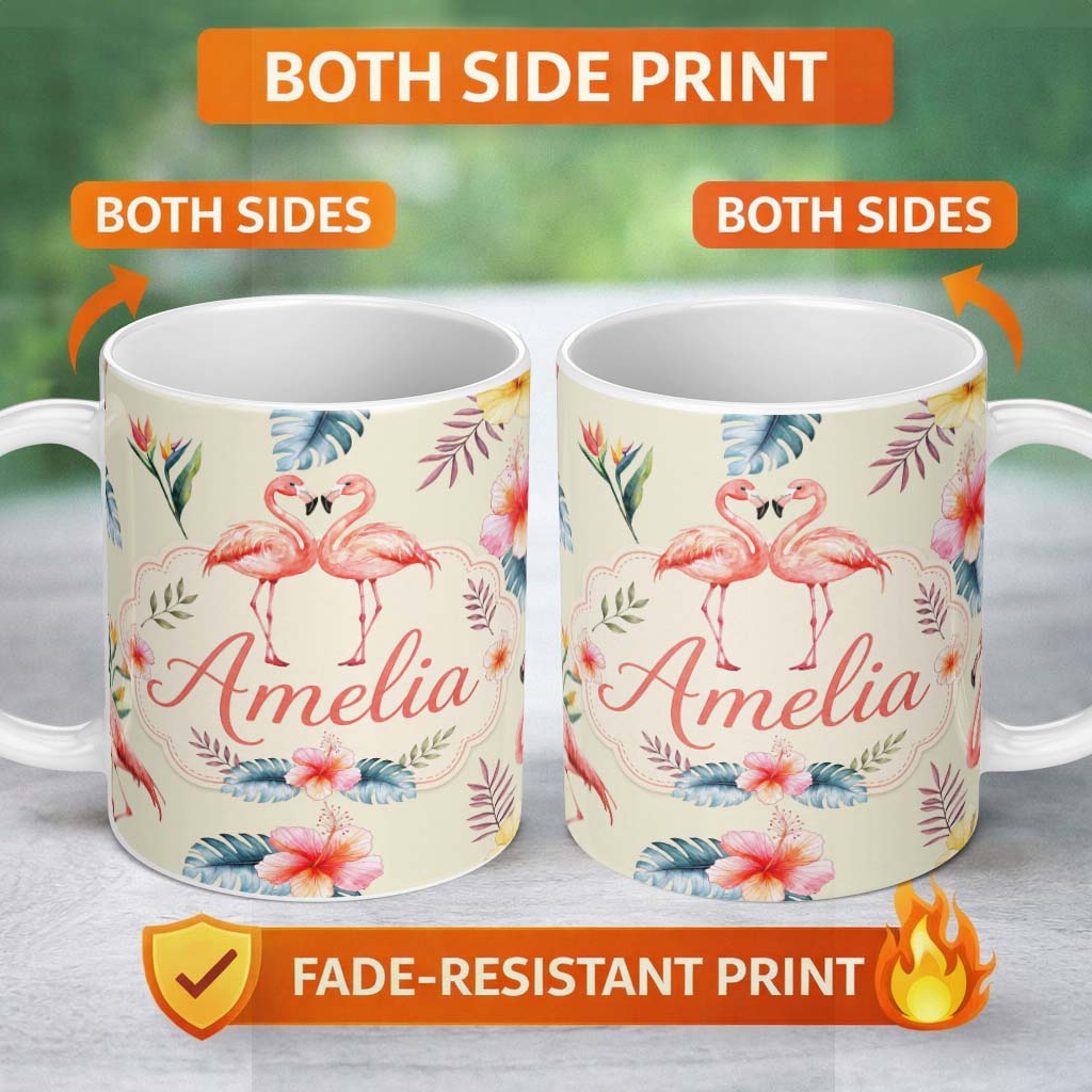 Personalized Custom Name Elegant Pink Flamingos Tropical Flowers on Beige Background Seamless 11oz Ceramic Coffee Tea Mug White Large Handle