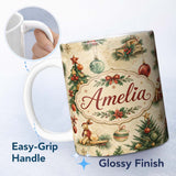 Personalized Custom Name Vintage Christmas Tree Wreath Baubles Rustic Holiday Seamless Lovely 11oz Ceramic Coffee Tea Mug White Large Handle