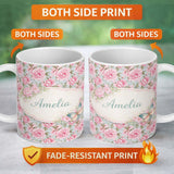 Personalized Custom Name Pastel Pink Peony Floral Light Blue Background Seamless Pattern 11oz Ceramic Coffee Tea Mug White Large Handle