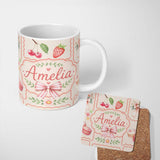 Personalized Custom Name Cute Strawberry Cherry Ribbon Bow Sweet Dessert Soft Neutral Lovely 11oz Ceramic Coffee Tea Mug White Large Handle