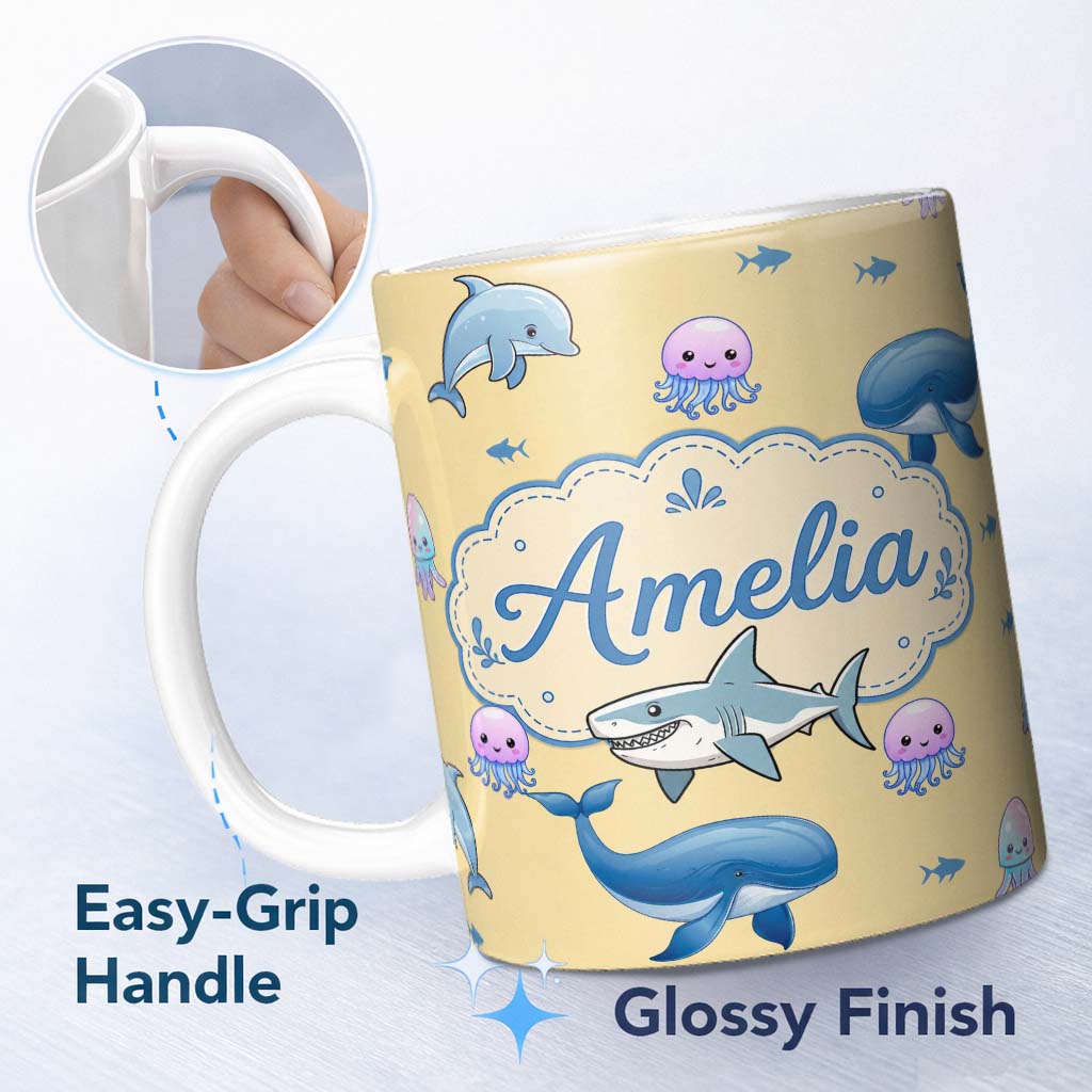 Personalized Custom Name Cute Dolphin Shark and Jellyfish Ocean Animals Warm Yellow Lovely 11oz Ceramic Coffee Tea Mug White Large Handle