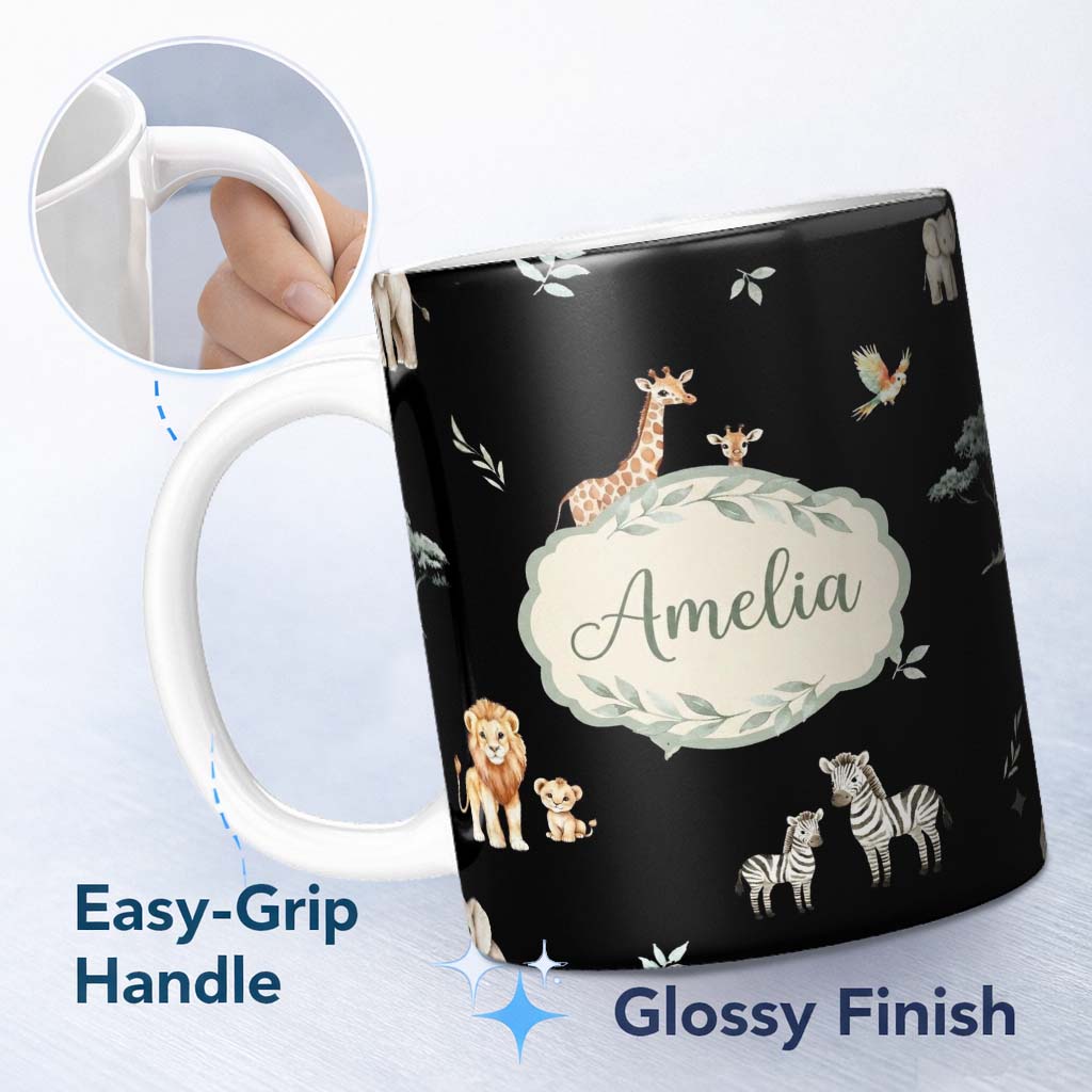 Personalized Custom Name Cute Safari Animals Giraffe Lion Zebra on Black Background Seamless 11oz Ceramic Coffee Tea Mug White Large Handle