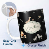 Personalized Custom Name Cute Safari Animals Giraffe Lion Zebra on Black Background Seamless 11oz Ceramic Coffee Tea Mug White Large Handle