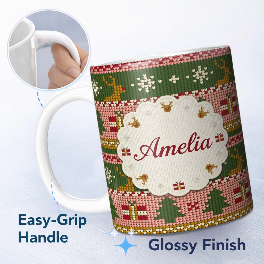 Personalized Custom Name Scandinavian Deer Gift Snowflake Knit Green Pink Christmas Festive 11oz Ceramic Coffee Tea Mug White Large Handle