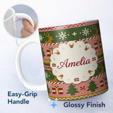 Personalized Custom Name Scandinavian Deer Gift Snowflake Knit Green Pink Christmas Festive 11oz Ceramic Coffee Tea Mug White Large Handle
