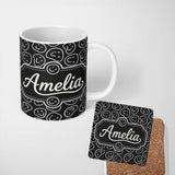 Personalized Custom Name Abstract Black White Doodle Faces Seamless Pattern Cute Unique Gift 11oz Ceramic Coffee Tea Mug White Large Handle