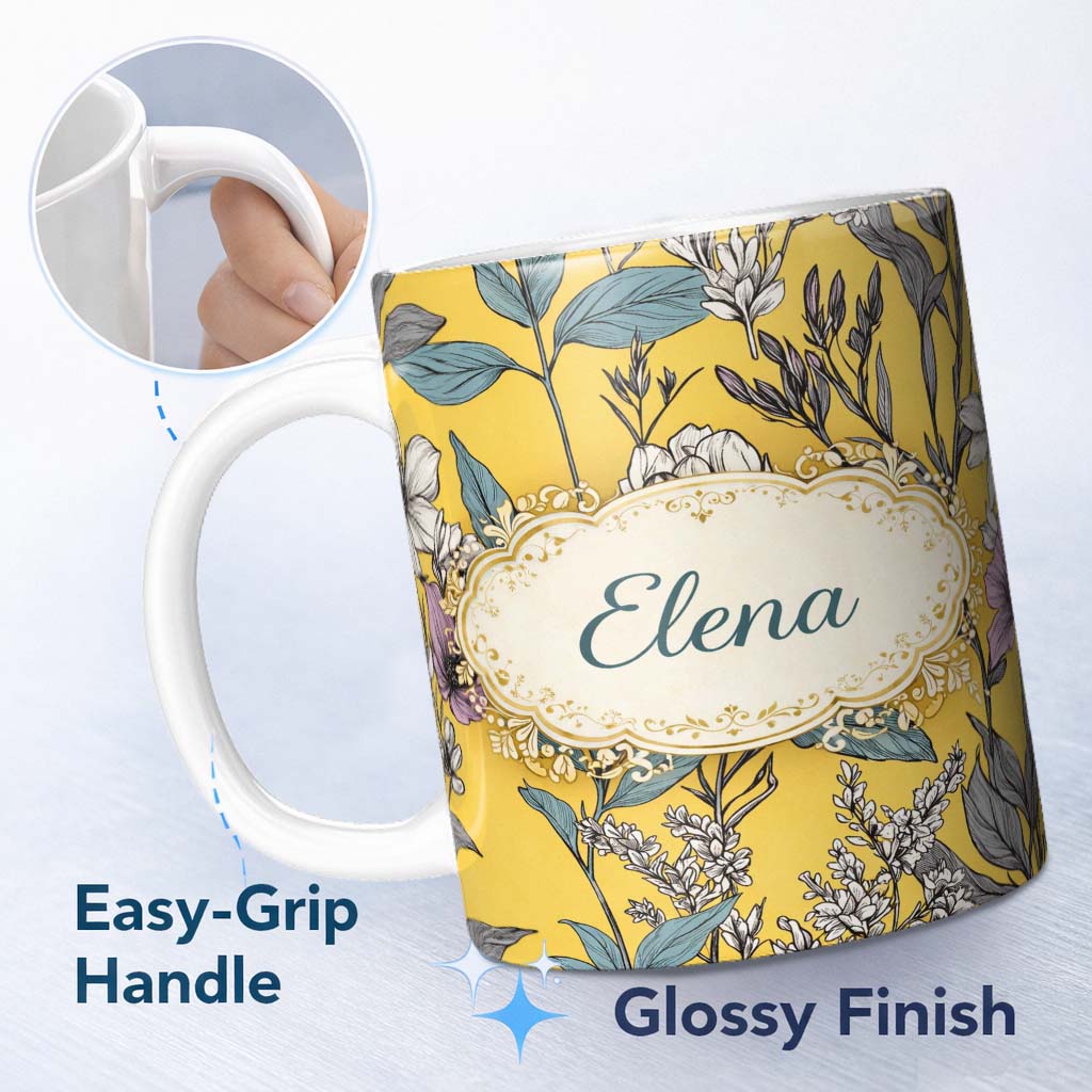 Personalized Custom Name Vintage Botanical Floral Illustration Yellow Background Lovely 11oz Ceramic Coffee Tea Mug White Large Handle