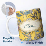 Personalized Custom Name Vintage Botanical Floral Illustration Yellow Background Lovely 11oz Ceramic Coffee Tea Mug White Large Handle