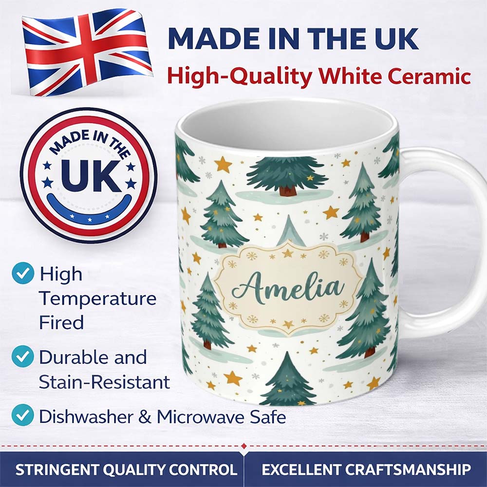 Personalized Custom Name Winter Snowy Christmas Trees with Golden Stars Seamless Pattern 11oz Ceramic Coffee Tea Mug White Large Handle