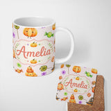 Personalized Custom Name Cute Halloween Pumpkin Candy Characters Pastel Background Seamless 11oz Ceramic Coffee Tea Mug White Large Handle