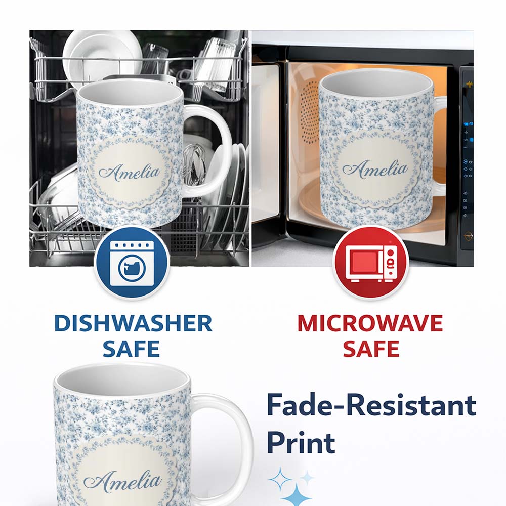 Personalized Custom Name Vintage Blue Floral Rose Botanical Seamless Pattern Cute Unique Gift 11oz Ceramic Coffee Tea Mug White Large Handle