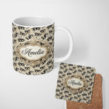 Personalized Custom Name Elegant Feathered Masks with Vintage Script Background Seamless 11oz Ceramic Coffee Tea Mug White Large Handle
