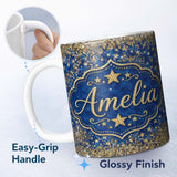 Personalized Custom Name Blue Galaxy Gold Star Glitter Seamless Pattern Design Sparkle Lovely 11oz Ceramic Coffee Tea Mug White Large Handle