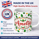 Personalized Custom Name Cute Christmas Tree Candy Cane Star Holly Seamless Pattern Festive 11oz Ceramic Coffee Tea Mug White Large Handle