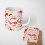 Personalized Custom Name Watercolor Red and Pink Ribbon Bows Light Olive Background Cute 11oz Ceramic Coffee Tea Mug White Large Handle