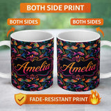 Personalized Custom Name Bright Rainbow Fish with Flowing Seaweed on Dark Background Seamless 11oz Ceramic Coffee Tea Mug White Large Handle
