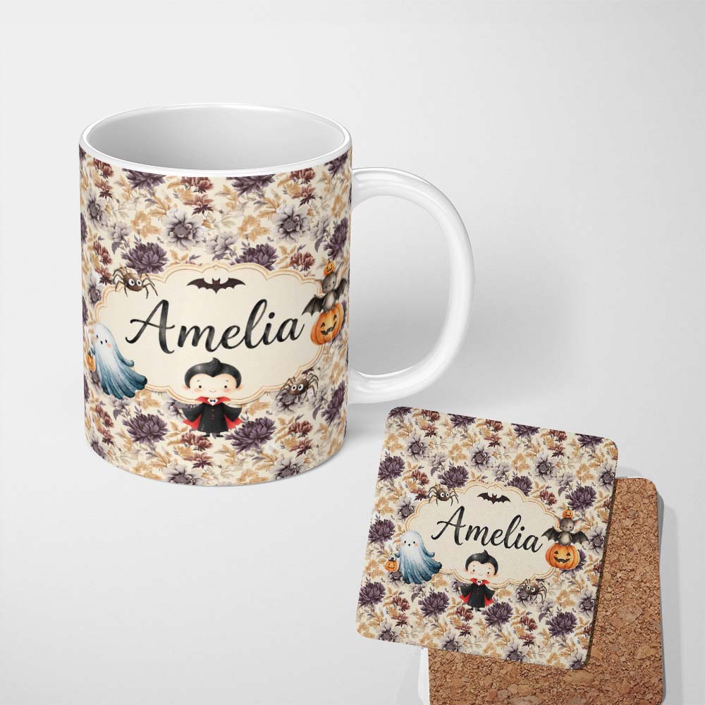 Personalized Custom Name Vintage Floral Chrysanthemum Flowers on Cream Background Seamless 11oz Ceramic Coffee Tea Mug White Large Handle