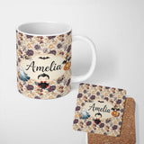 Personalized Custom Name Vintage Floral Chrysanthemum Flowers on Cream Background Seamless 11oz Ceramic Coffee Tea Mug White Large Handle