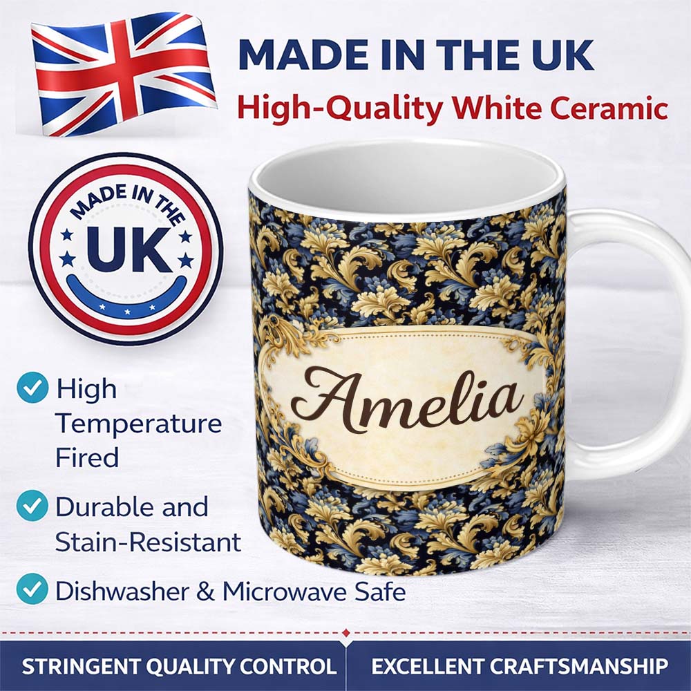 Personalized Custom Name Blue Gold Baroque Floral Seamless Pattern Luxury Vintage Ornamental 11oz Ceramic Coffee Tea Mug White Large Handle
