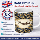Personalized Custom Name Blue Gold Baroque Floral Seamless Pattern Luxury Vintage Ornamental 11oz Ceramic Coffee Tea Mug White Large Handle