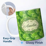 Personalized Custom Name Abstract Green Swirl Painterly Seamless Pattern Thoughtful Gift Idea 11oz Ceramic Coffee Tea Mug White Large Handle