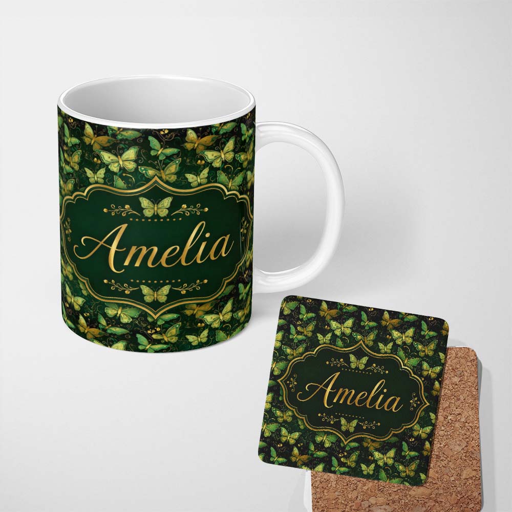 Personalized Custom Name Green and Gold Butterfly Ornamental Luxury Seamless Pattern Lovely 11oz Ceramic Coffee Tea Mug White Large Handle