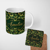 Personalized Custom Name Green and Gold Butterfly Ornamental Luxury Seamless Pattern Lovely 11oz Ceramic Coffee Tea Mug White Large Handle
