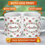 Personalized Custom Name Cute Scandinavian Style Red and Green Floral Pattern Christmas Folk 11oz Ceramic Coffee Tea Mug White Large Handle