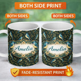 Personalized Custom Name Teal Yellow Songbird Forest Leaves Seamless Dark Botanical Nature 11oz Ceramic Coffee Tea Mug White Large Handle