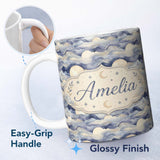 Personalized Custom Name Layered Clouds and Moon Dreamscape Seamless Pattern Cute Unique Gift 11oz Ceramic Coffee Tea Mug White Large Handle