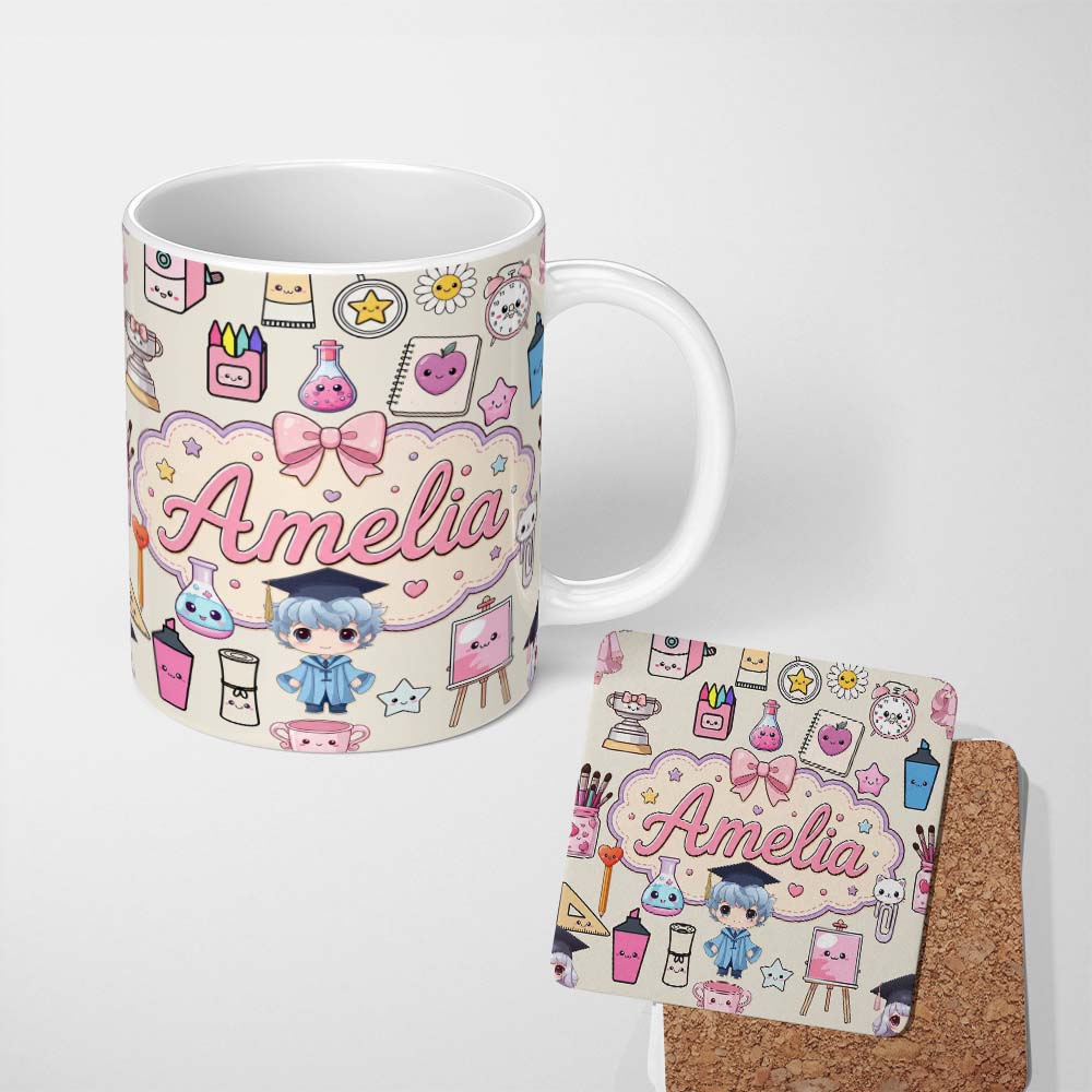 Personalized Custom Name Cute Kawaii Graduate Boy Science Art Supplies Seamless Pattern Cream 11oz Ceramic Coffee Tea Mug White Large Handle