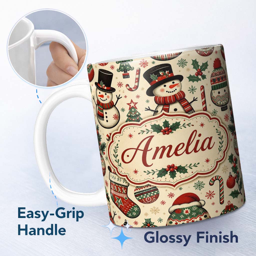 Personalized Custom Name Cute Snowman Christmas Trees Candy Cane Winter Seamless Pattern 11oz Ceramic Coffee Tea Mug White Large Handle