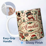 Personalized Custom Name Cute Snowman Christmas Trees Candy Cane Winter Seamless Pattern 11oz Ceramic Coffee Tea Mug White Large Handle