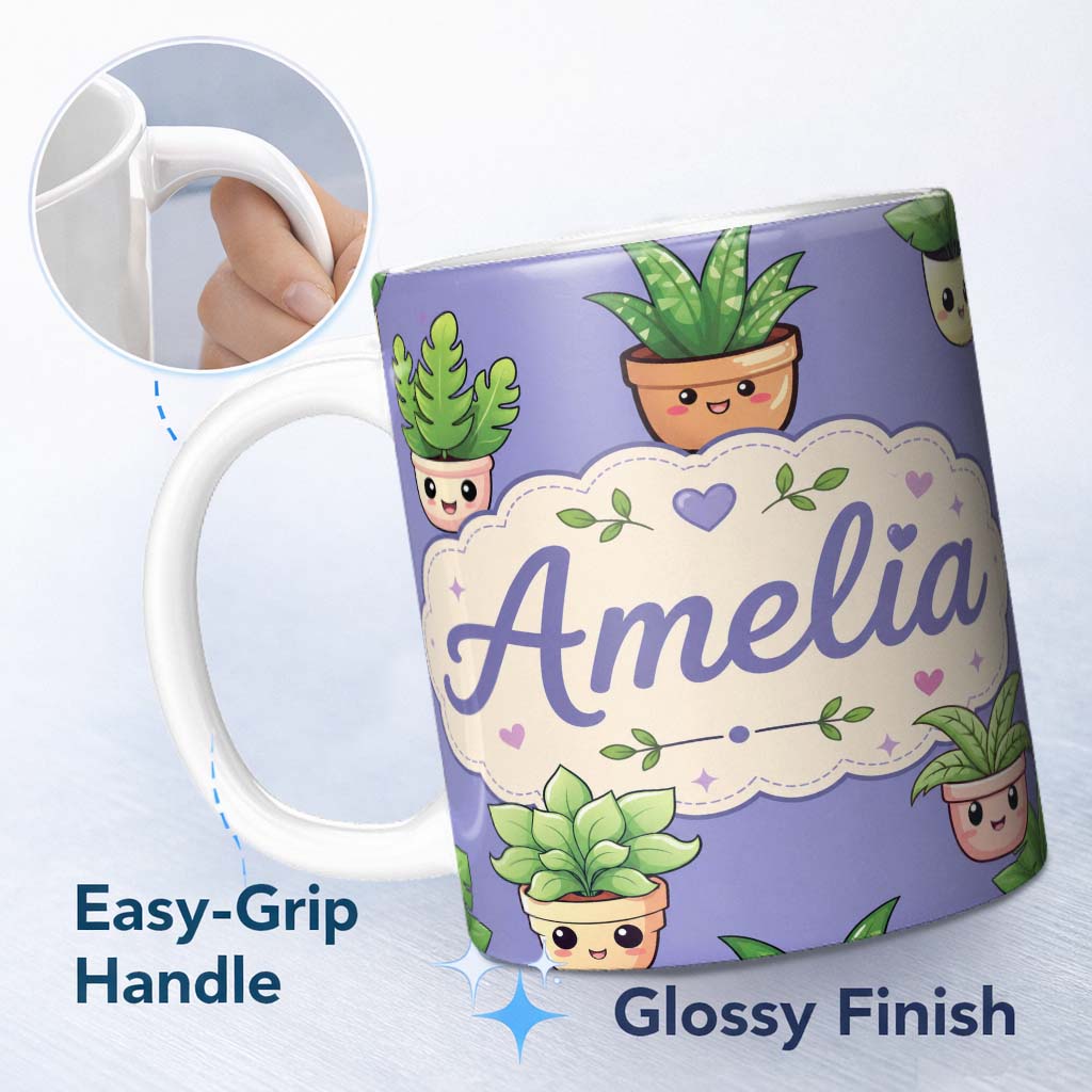 Personalized Custom Name Cute Kawaii Smiling Plant Pots Leaves Seamless Pattern Purple Lovely 11oz Ceramic Coffee Tea Mug White Large Handle