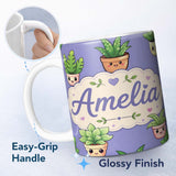 Personalized Custom Name Cute Kawaii Smiling Plant Pots Leaves Seamless Pattern Purple Lovely 11oz Ceramic Coffee Tea Mug White Large Handle
