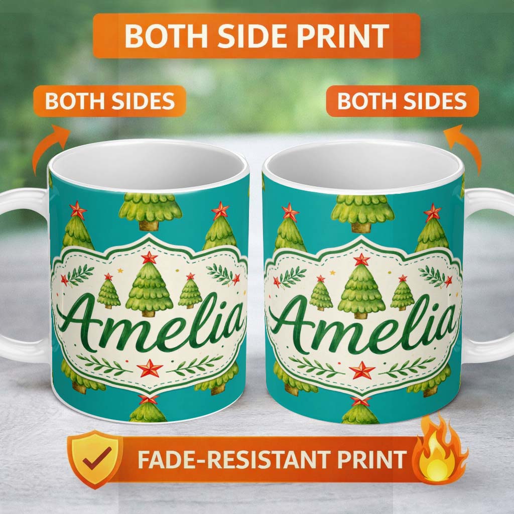 Personalized Custom Name Watercolor Christmas Trees with Red Star on Teal Background Seamless 11oz Ceramic Coffee Tea Mug White Large Handle