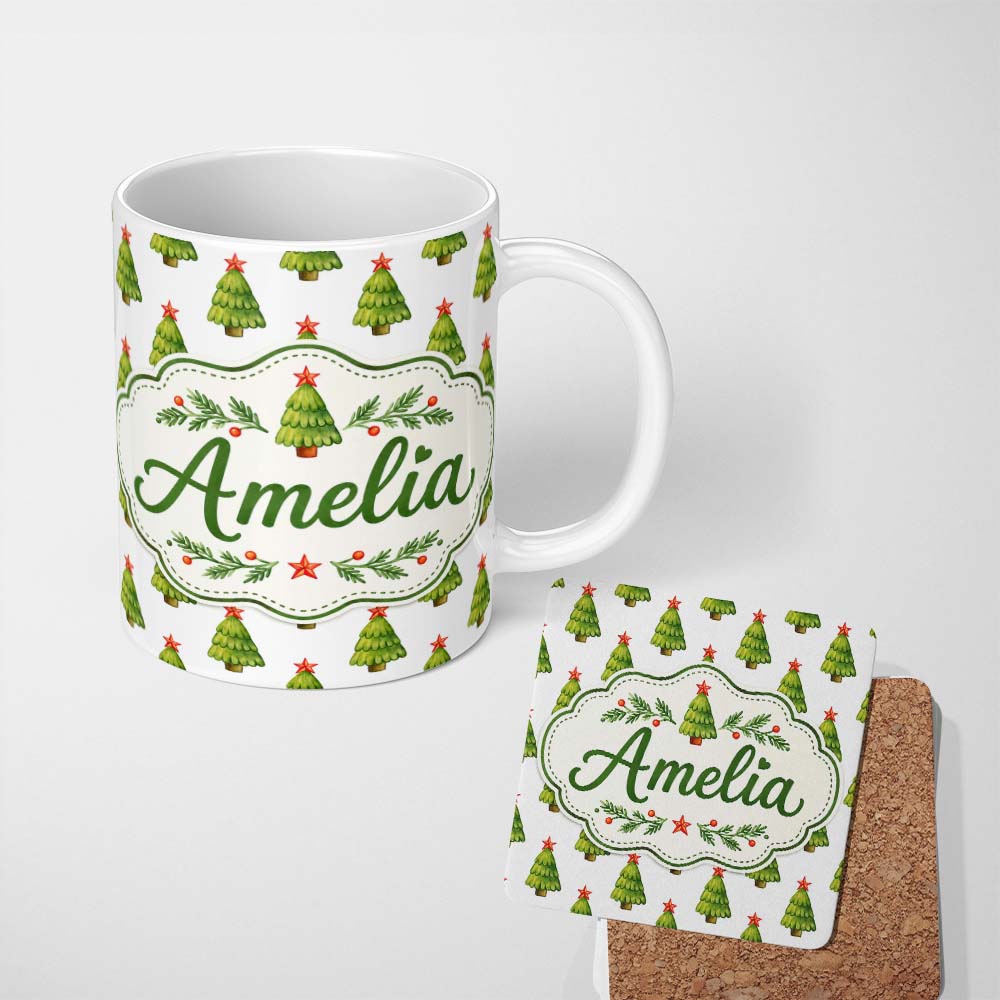 Personalized Custom Name Watercolor Christmas Trees with Red Star Toppers Festive Seamless 11oz Ceramic Coffee Tea Mug White Large Handle