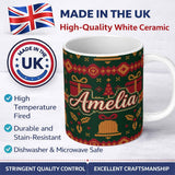 Personalized Custom Name Cute Green Christmas Gift Box Bow Ornament Festive Knitted Seamless 11oz Ceramic Coffee Tea Mug White Large Handle