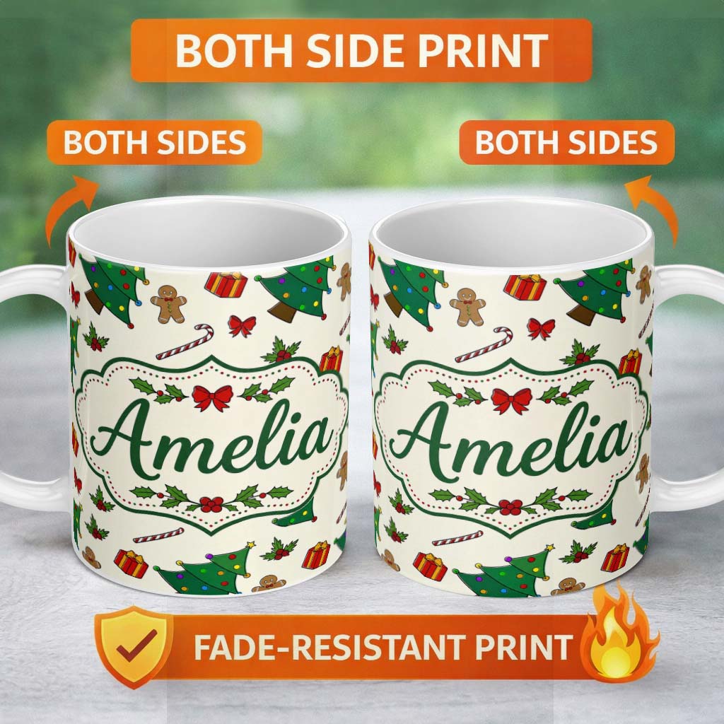 Personalized Custom Name Cute Christmas Trees with Gingerbread Candy Canes and Gifts Seamless 11oz Ceramic Coffee Tea Mug White Large Handle